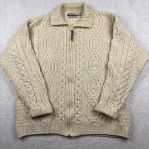Aran Crafts Sweater Mens Large 100% Merino Wool Full Zip Beige Fishermen Ireland